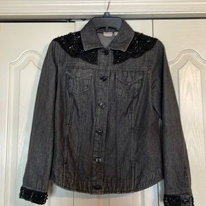 EUC Chico’s denim beaded jean jacket, dark grey with black beading